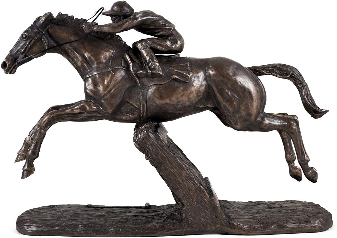 Bronze sculpture of a horse and rider jumping over a log on a white background
