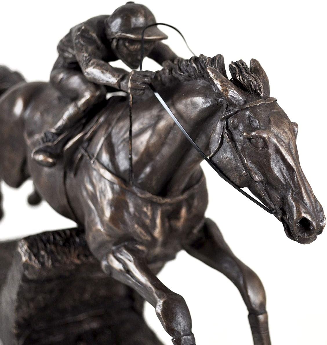 Bronze sculpture of a horse and rider on a white background