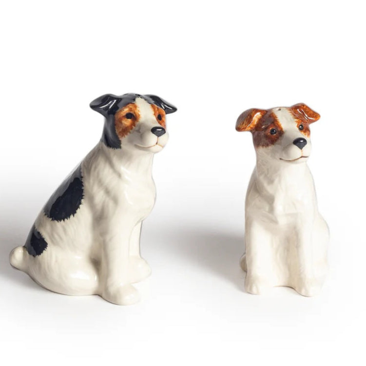 Jack Russell pair of ceramic dog salt and pepper pots on a white background