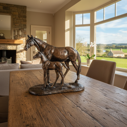 Bronze sculpture of two horses on a wooden table with a room with large windows in the background