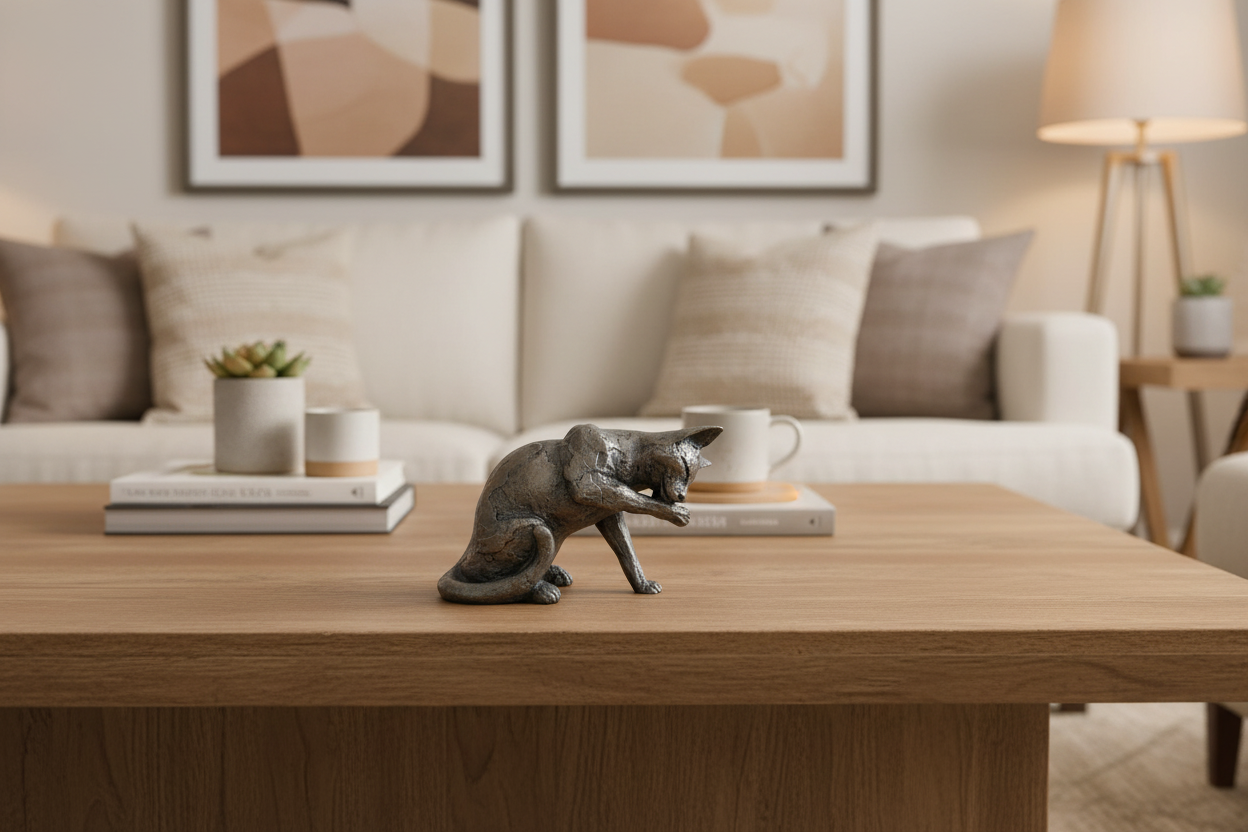 Living room with a wooden coffee table, decorative items, and a couch.