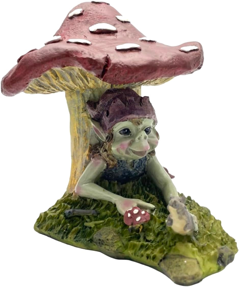 Pixie figurine under a mushroom with a white background