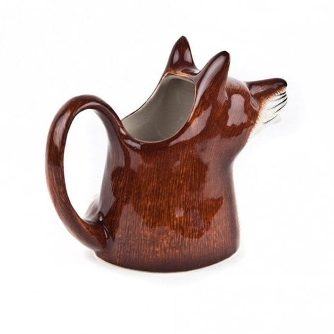A glossy brown ceramic pitcher shaped like a fox head, featuring a curved handle and a small white accent on the snout, set against a plain white background.