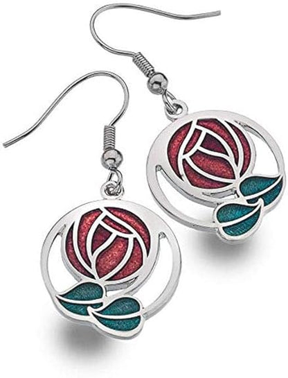 Rennie Mackintosh Inspired Rose and Leaf 20mm Hook Earrings Red