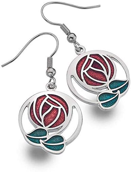 Rennie Mackintosh Inspired Rose and Leaf 20mm Hook Earrings Red