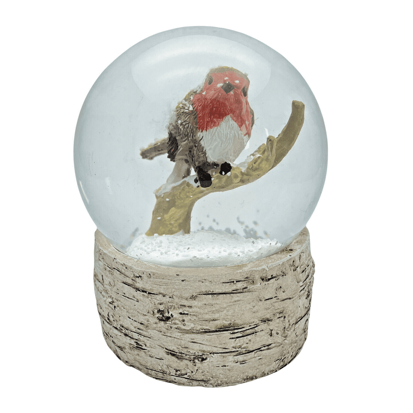 Robin On Branch Snow Globe On Wood Effect Base
