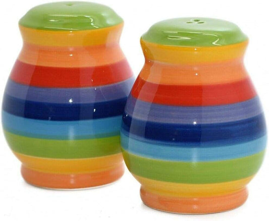 Two colorful striped salt and pepper shakers on a white background