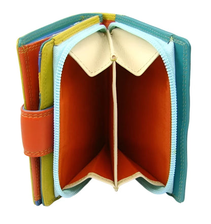 Leather Compact Purse Tab Closure In Pacific Colours