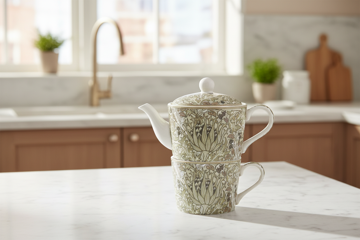 Decorative teapot on a kitchen counter with a window and cabinets in the background
