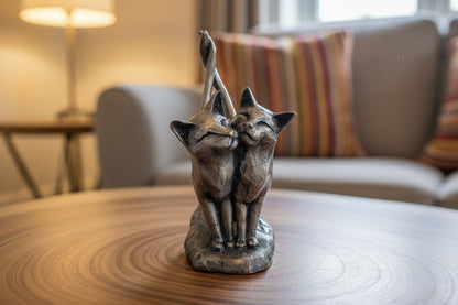 double cat figure with tails twisted together on wooden table