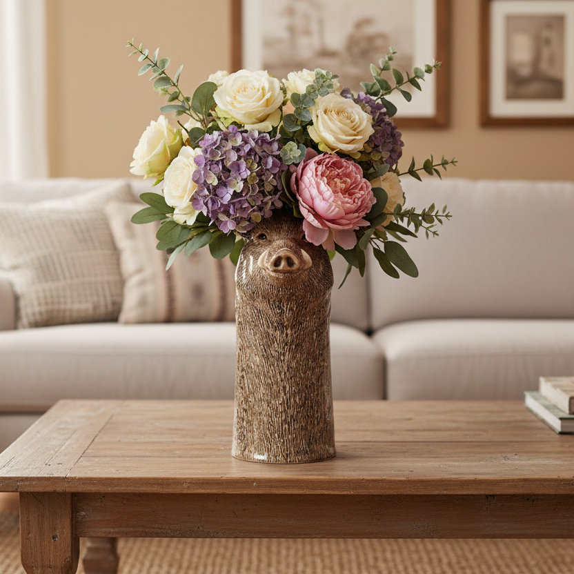 Floral arrangement in a textured wild boar vase on a wooden coffee table in a living room.