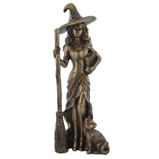 Witch & Cat With Broom & Spell Book Figurine