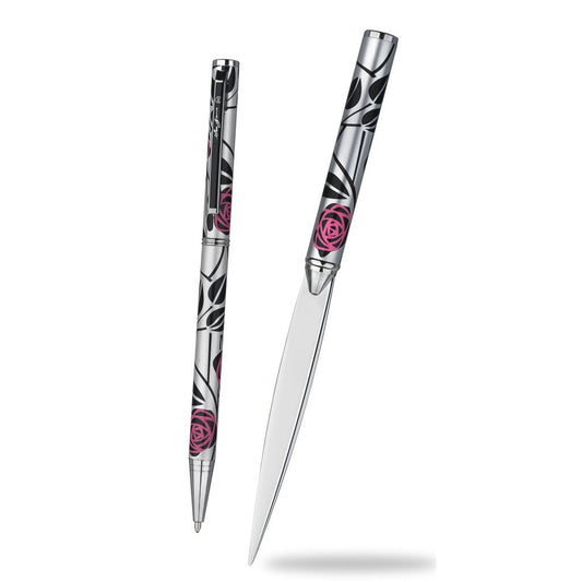 Pen & Letter Opener Set With Mackintosh Pink & Black Rose Design Comes Gift Boxed