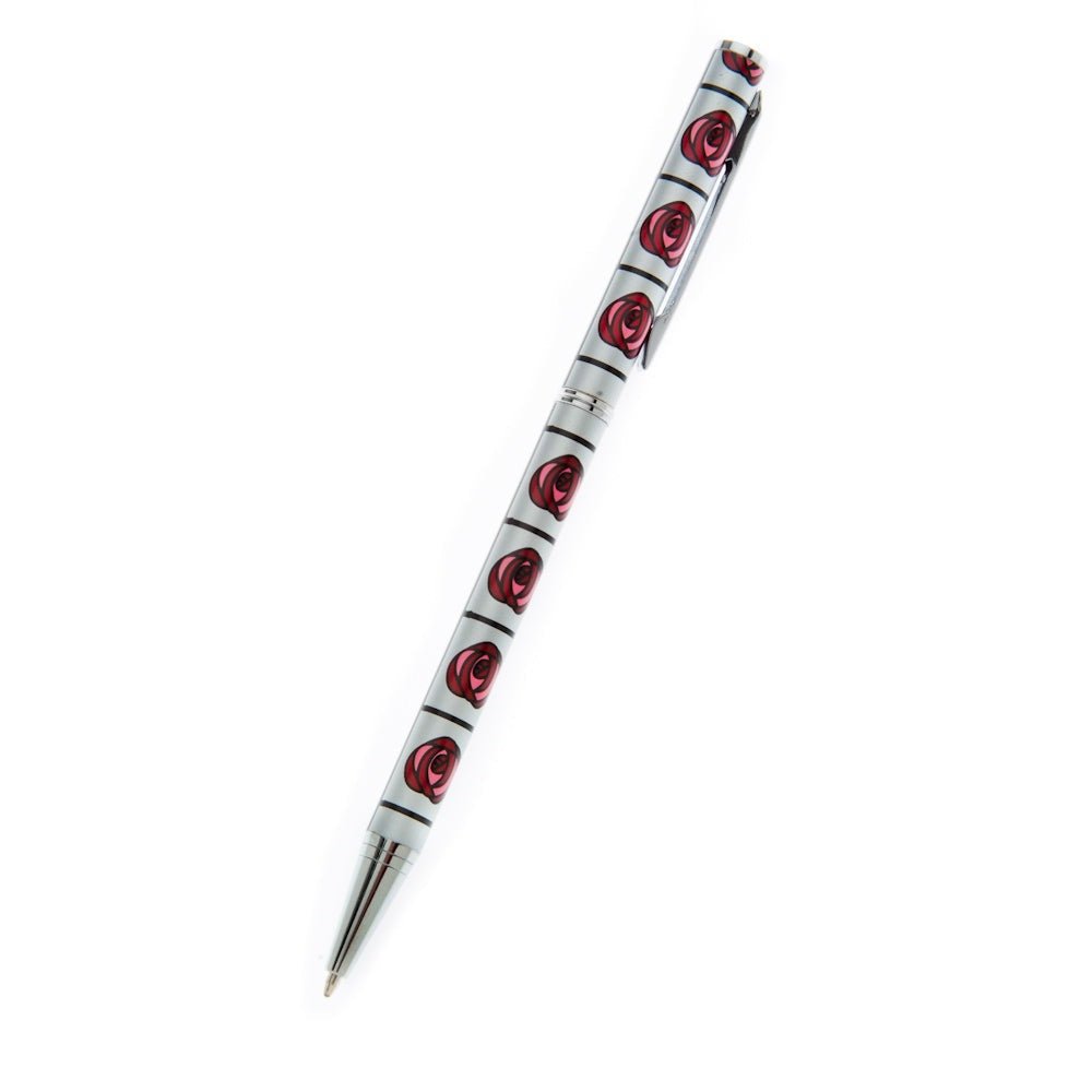 Silver & Red Mackintosh Rose Lattice Design Slimline Ballpoint Pen