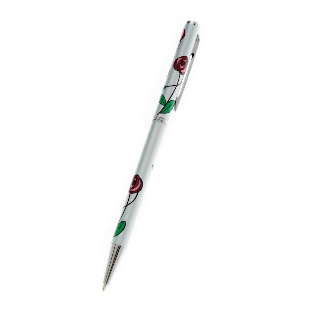 Silver & Red Mackintosh Rose & Stem Design Slimline Ballpoint Pen
