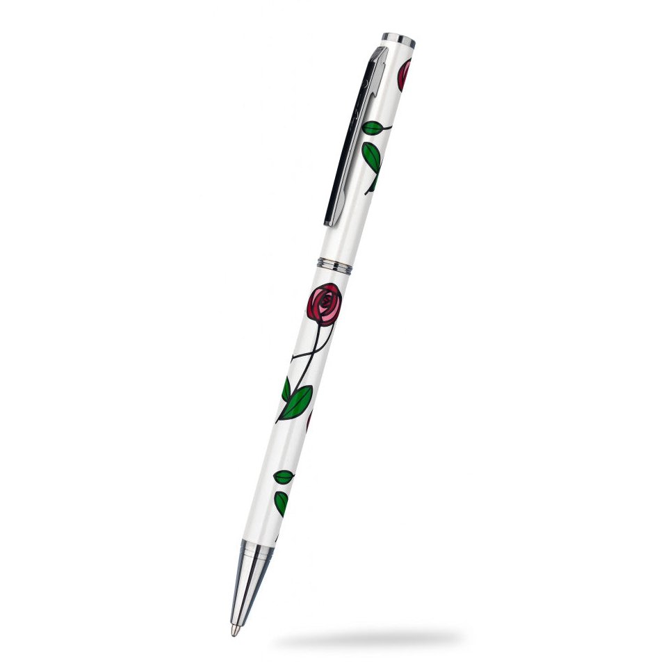 Slimline Ballpoint Pen Mackintosh Rose Stem Design Pearl White