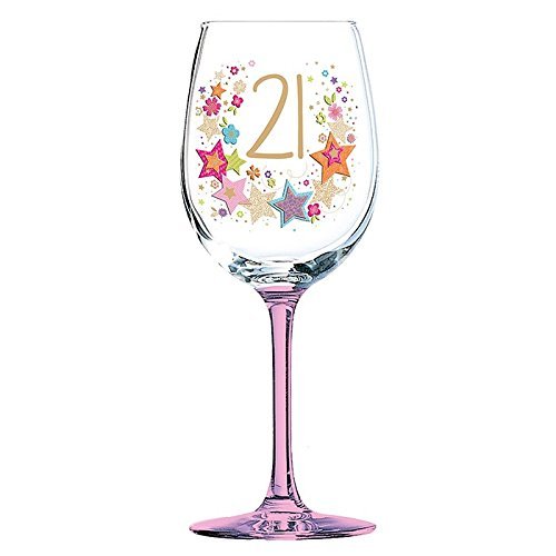 21st Birthday Pink Stem Wine Glass With Stars By Lulu design