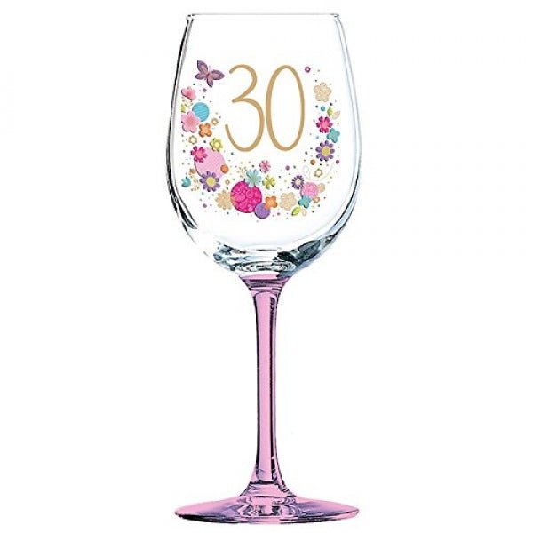 30th Birthday Pink Stem Wine Glass Flowers Lulu design