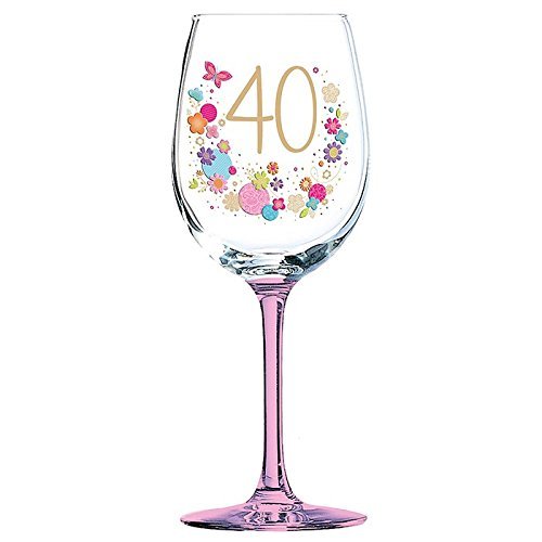 40th Birthday Pink Stem Wine Glass Flowers Lulu design