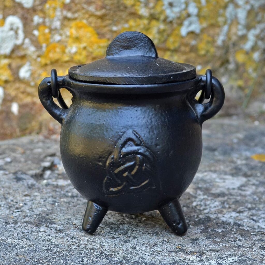 Cast Iron Small Cauldron Triquetra Design With Removable Lid