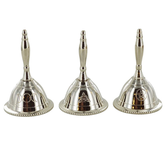 Three Silver Nickel Bells With Pentagram Triquetra & Triple Moon Symbols
