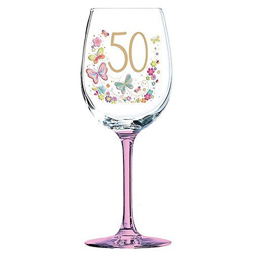 50th Birthday Pink Stem Wine Glass Butterflies Flowers Lulu design