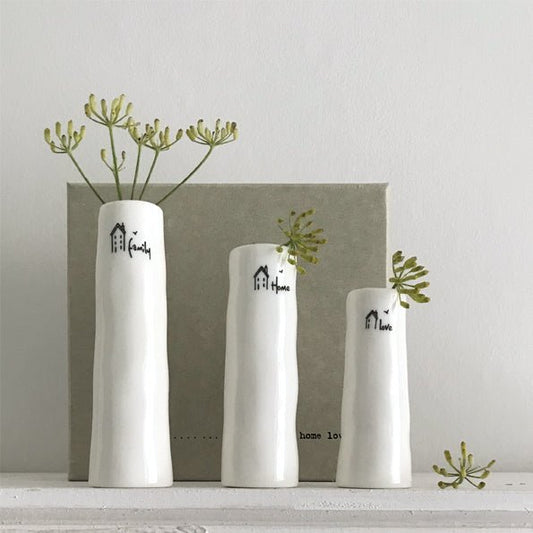 East of India Porcelain Trio Of Bud Vases Family, Home, Love