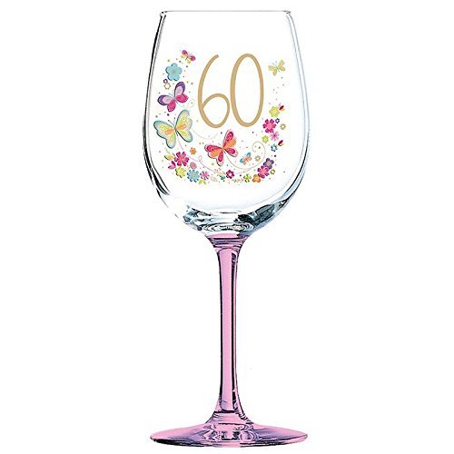 60th Birthday Pink Stem Wine Glass Butterflies Flowers Lulu design
