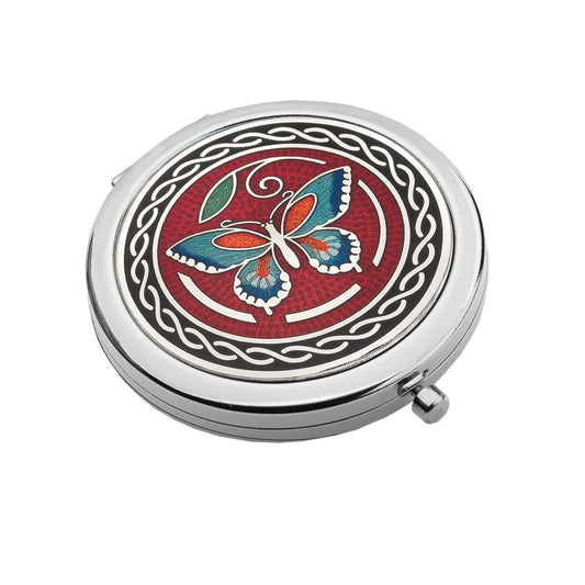 Compact Mirror Enamelled Butterfly Design In Red & Turquoise