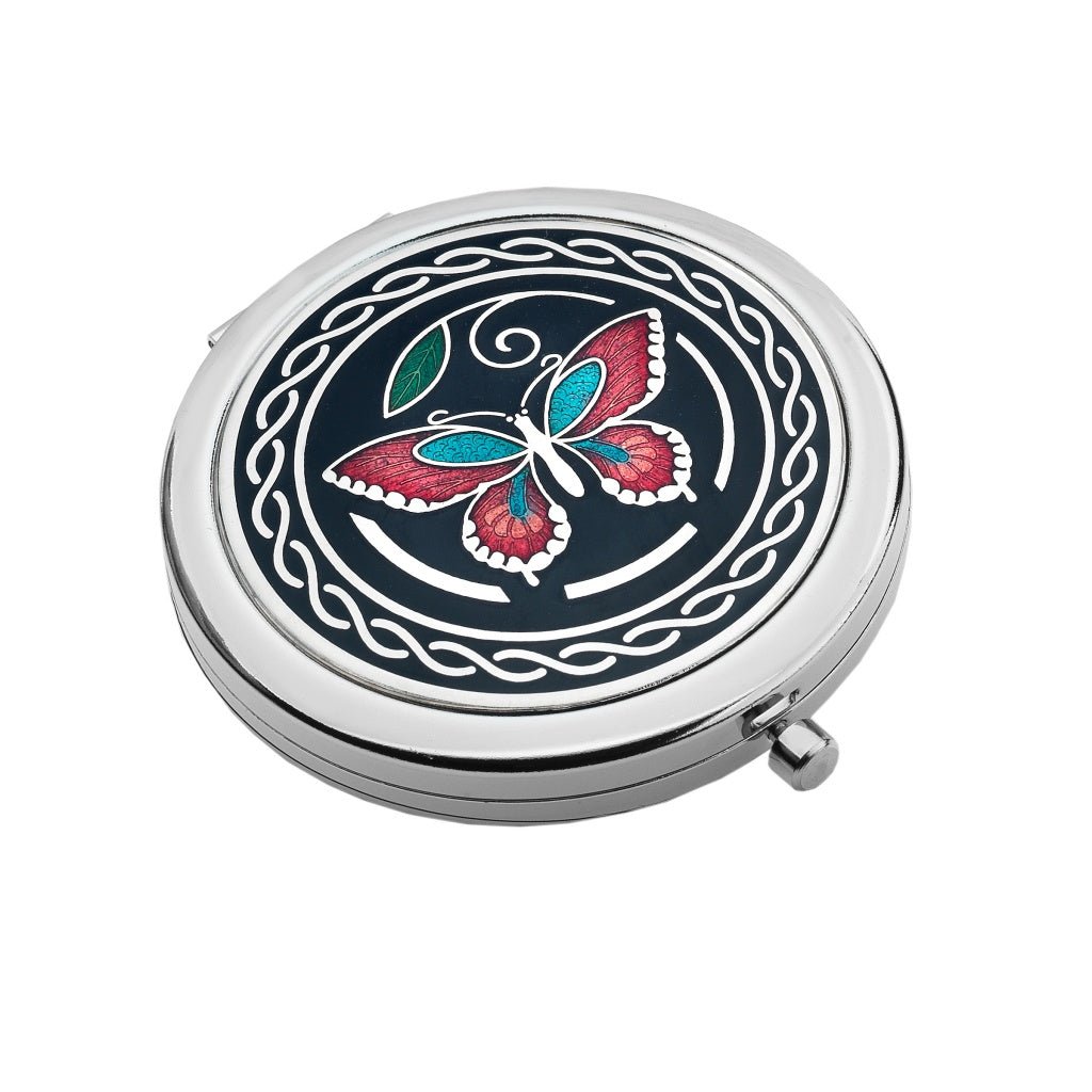 Compact Mirror Enamelled Butterfly Design Black Red