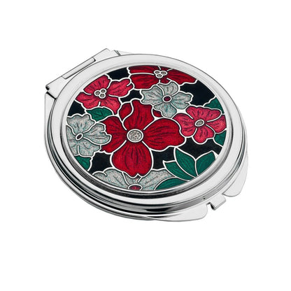 Compact Mirror Enamelled Multi Flower Design In Red, Pink & Cream