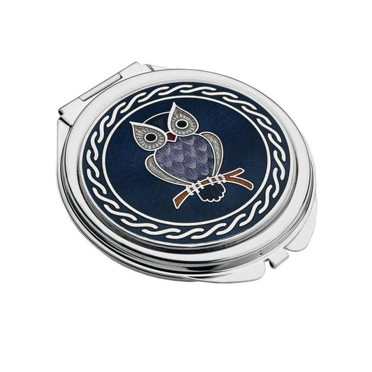 Compact Mirror Enamelled Owl On Branch Design In Purple & Lilac