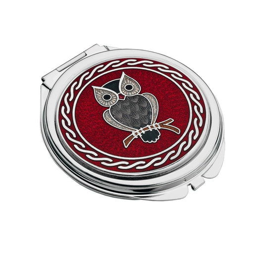 Compact Mirror Enamelled Owl Branch Design Black Red