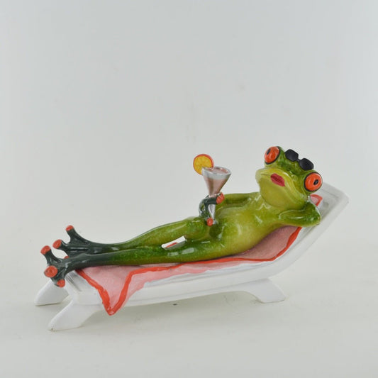 Comical Frogs Drinking Cocktail On Deck Chair Small Resin Figurine