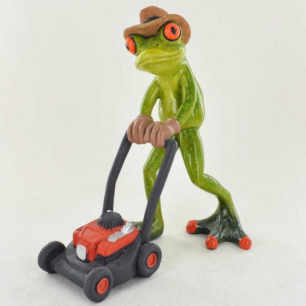 Comical Frogs Gardener Lawn Mower Small Resin Figurine