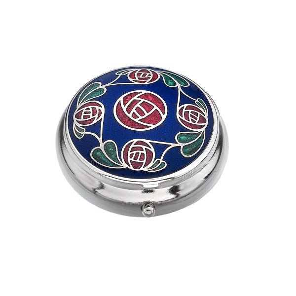 Blue Red Mackintosh Rose Enamel Silver Plated Pill Box