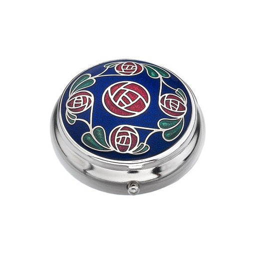 Blue & Red Mackintosh Rose Enamel & Silver Plated Pill Box