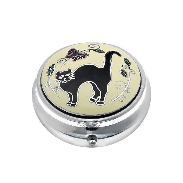 Lucky Black Cat Design Enamel Silver Plated Pill Box