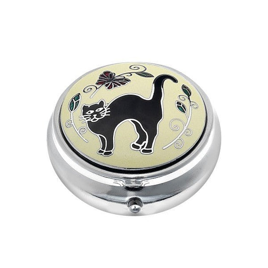 Lucky Black Cat Design Enamel & Silver Plated Pill Box