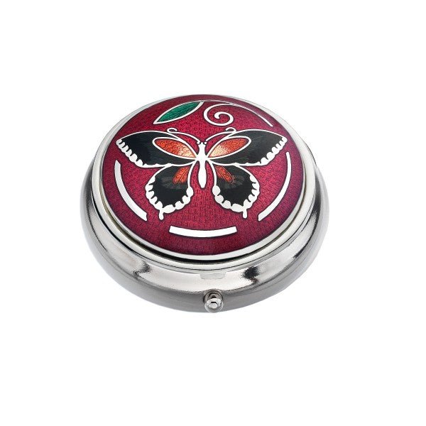 Red Butterfly Design Enamel Silver Plated Pill Box