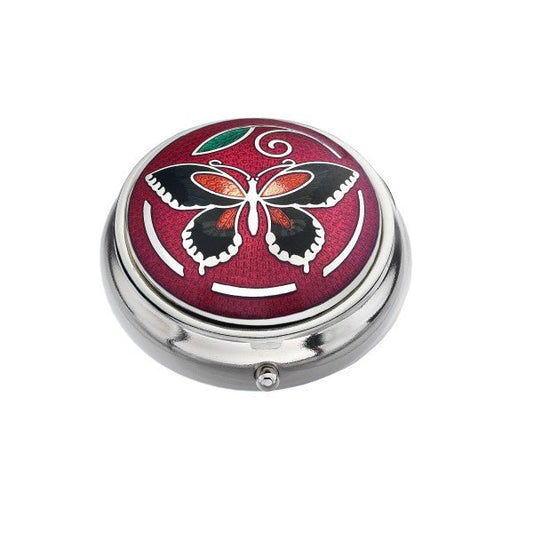 Red Butterfly Design Enamel & Silver Plated Pill Box