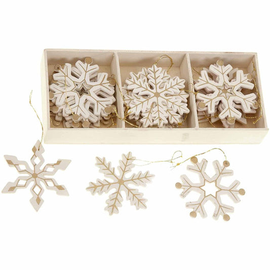 Wooden Snowflakes Gold Patterned Christmas Tree Decorations Box of 24