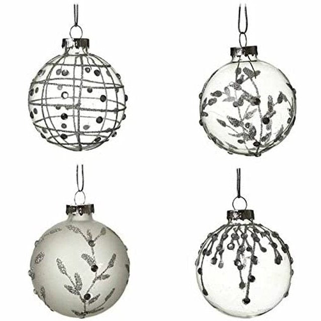 Set Frosted Clear Silver Glitter Glass Baubles