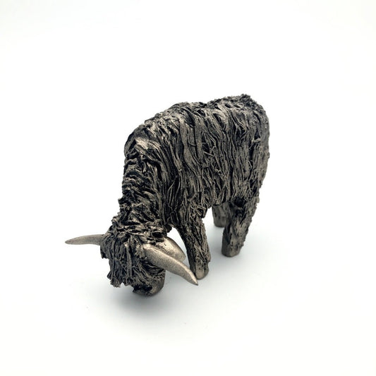 Frith - Fiona Miniature Highland Cow Grazing Sculpture By Veronica Ballan