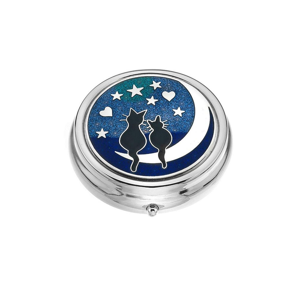 Black Cats Moon Design Enamel Silver Plated Pill Box Compartments