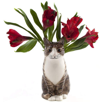Ceramic Tabby Cat Small Flower Vase Quail Millie