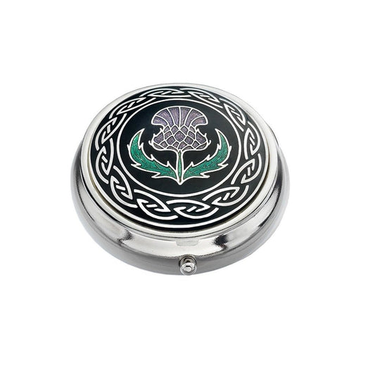 Thistle Design On Black Background Enamel & Silver Plated Pill Box