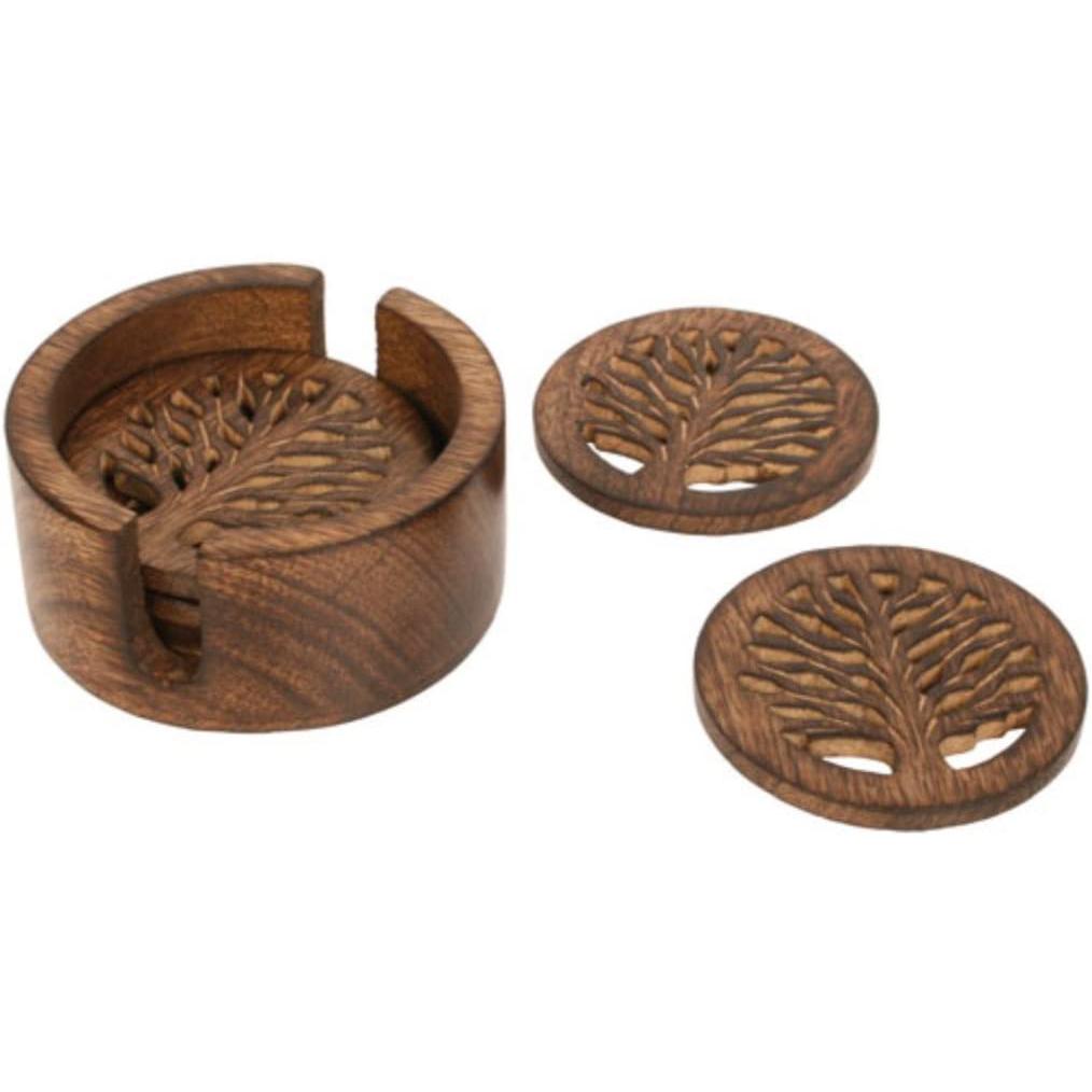 Hand Carved Tree Life Set Coasters Stand